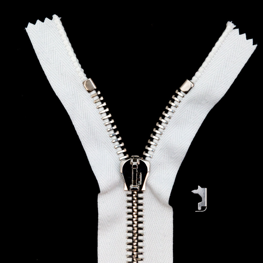 Mood Exclusive Italian White and Silver T8 Closed End Metal Zipper - 9" Mood Exclusive Italian White and Silver T8 Closed End Metal Zipper - 9"