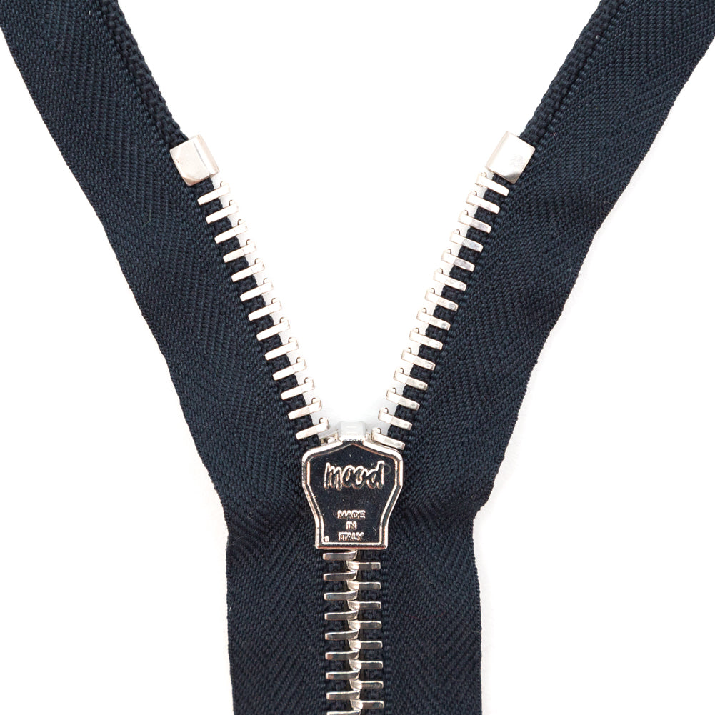 Mood Exclusive Italian Navy and Silver T8 Open End Metal Zipper - 27.5" Detail Mood Exclusive Italian Navy and Silver T8 Open End Metal Zipper - 27.5" Detail