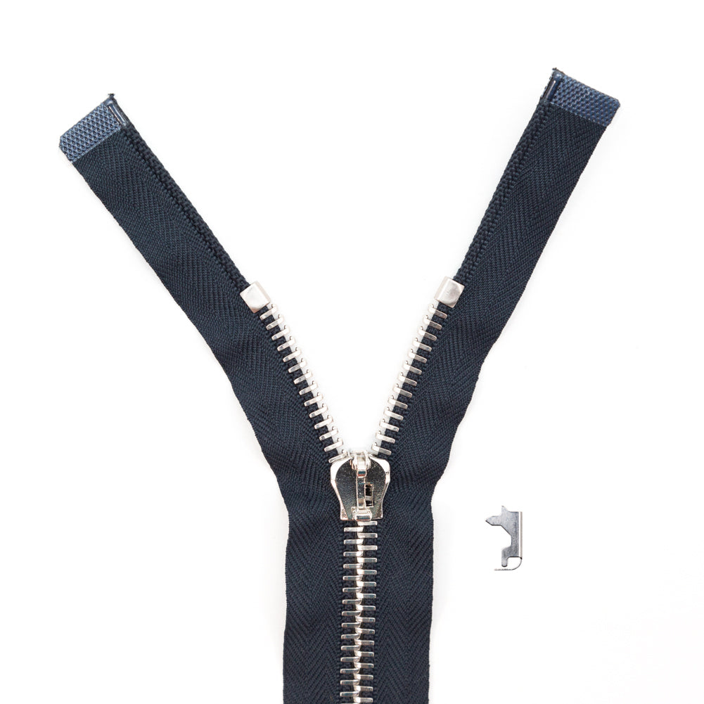 Mood Exclusive Italian Navy and Silver T8 Open End Metal Zipper - 27.5" Mood Exclusive Italian Navy and Silver T8 Open End Metal Zipper - 27.5"