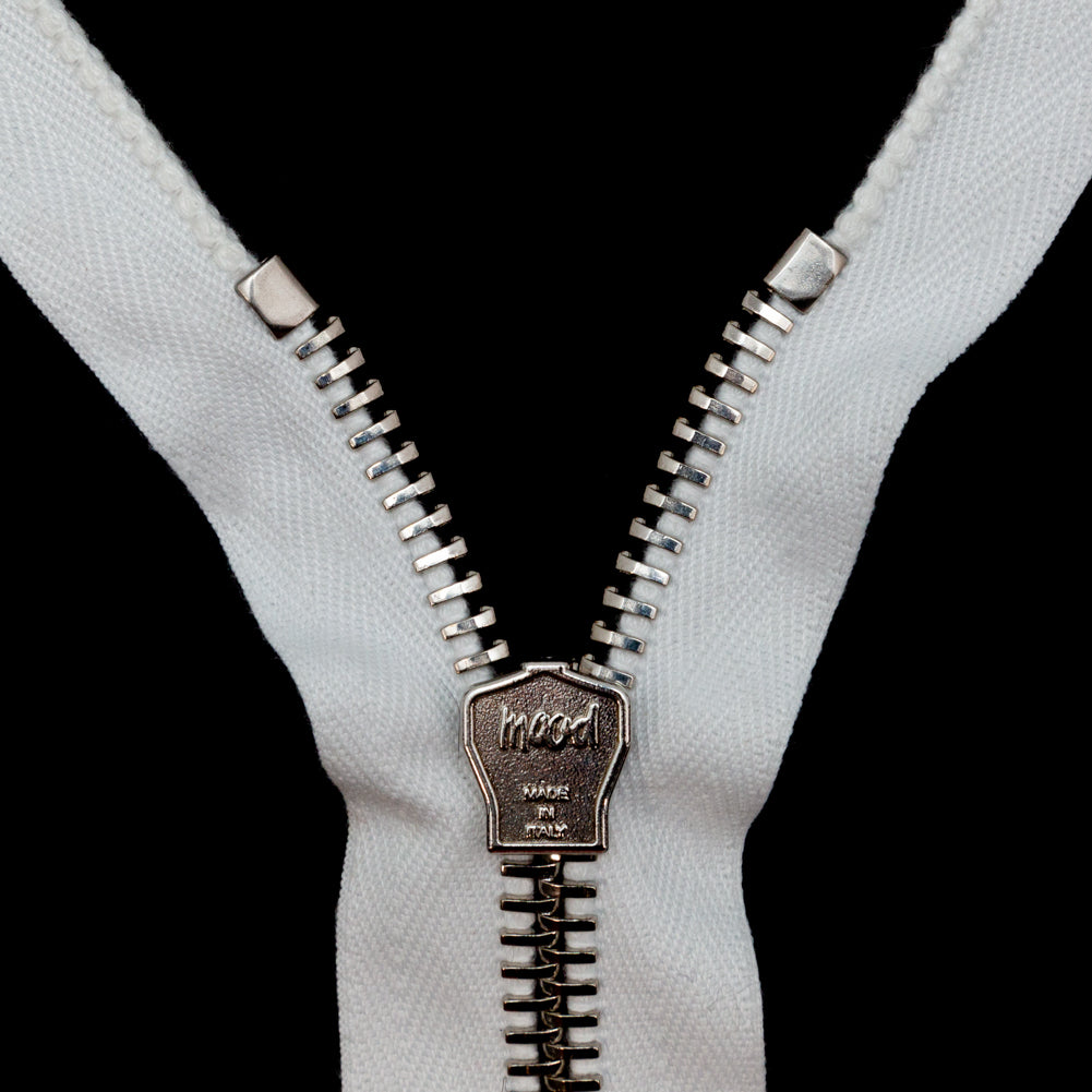 Mood Exclusive Italian White and Silver T8 Open End Metal Zipper - 27.5" Detail Mood Exclusive Italian White and Silver T8 Open End Metal Zipper - 27.5" Detail