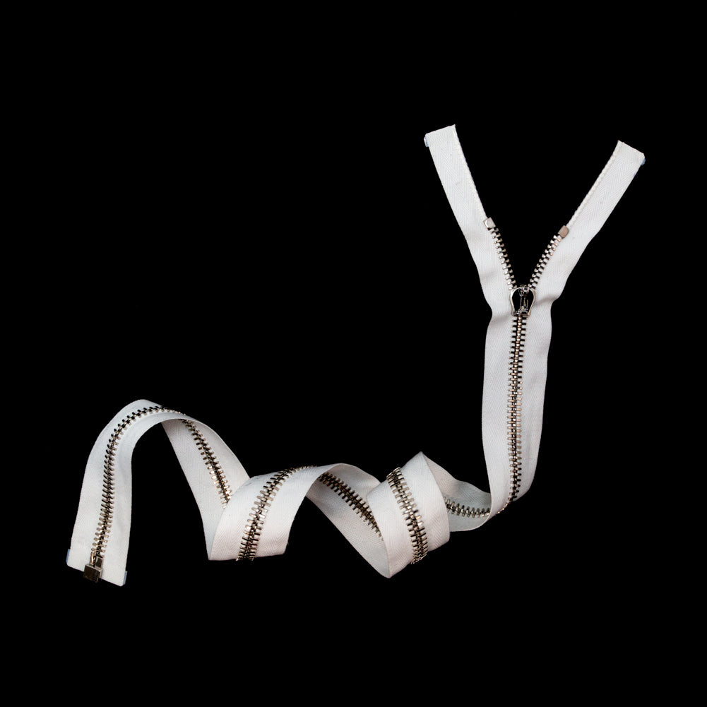 Mood Exclusive Italian White and Silver T8 Open End Metal Zipper - 27.5" Full Mood Exclusive Italian White and Silver T8 Open End Metal Zipper - 27.5" Full