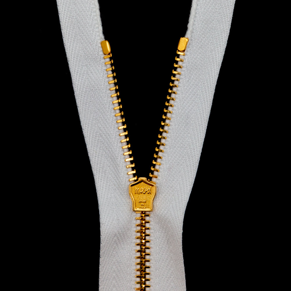 Mood Exclusive Italian Off-White and Gold T3 Closed End Metal Zipper - 9" Detail Mood Exclusive Italian Off-White and Gold T3 Closed End Metal Zipper - 9" Detail