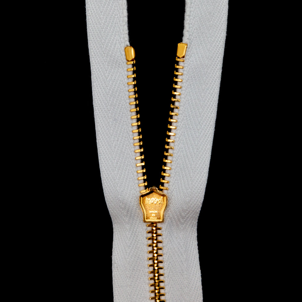 Mood Exclusive Italian White and Gold T3 Closed End Metal Zipper - 9" Detail Mood Exclusive Italian White and Gold T3 Closed End Metal Zipper - 9" Detail