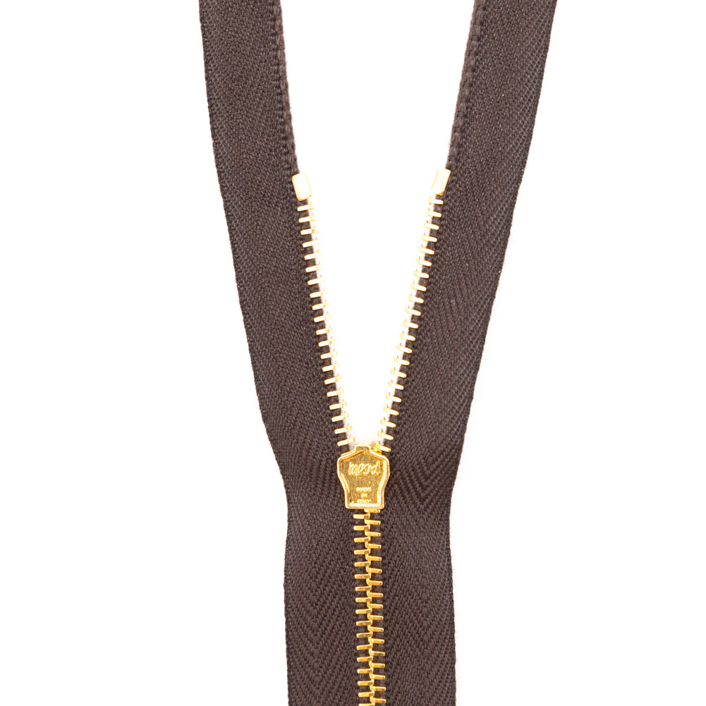 Mood Exclusive Italian Brown and Gold T3 Open End Metal Zipper - 27.5" Detail Mood Exclusive Italian Brown and Gold T3 Open End Metal Zipper - 27.5" Detail