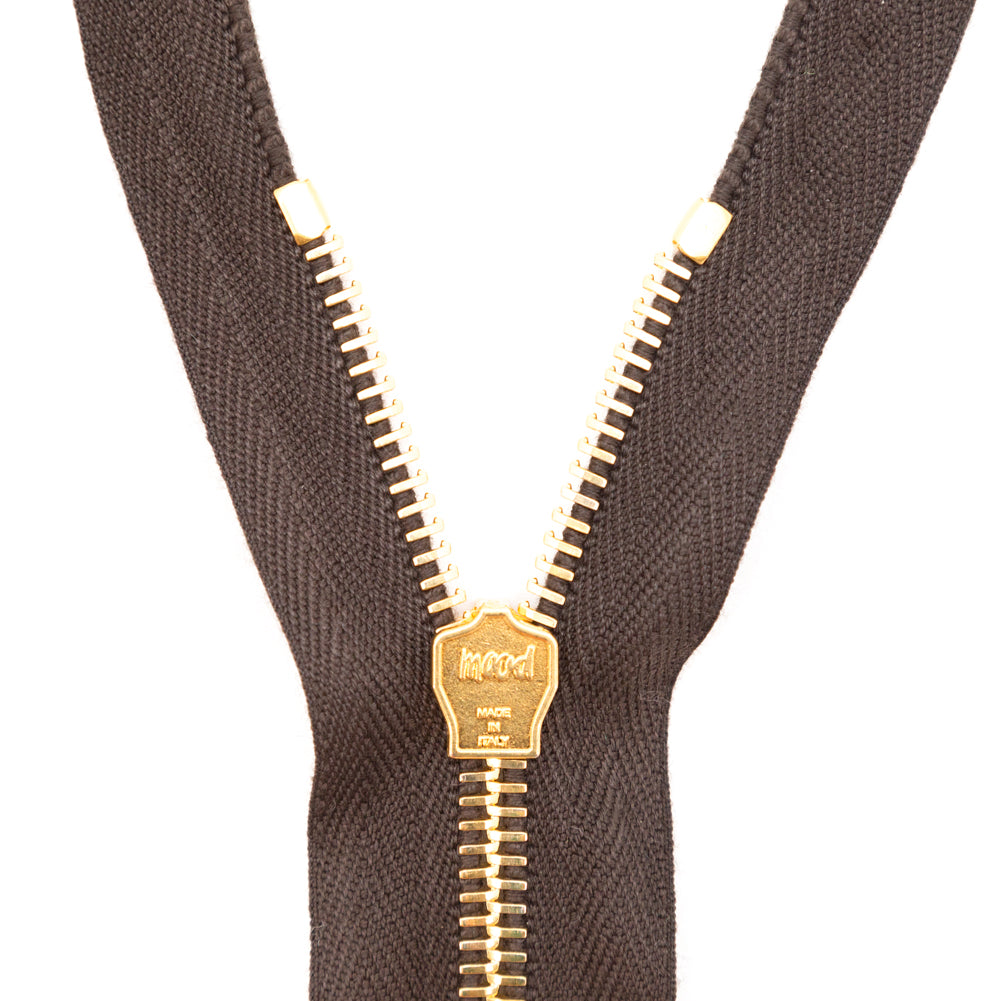 Mood Exclusive Italian Brown and Gold T5 Closed End Metal Zipper - 9" Detail Mood Exclusive Italian Brown and Gold T5 Closed End Metal Zipper - 9" Detail