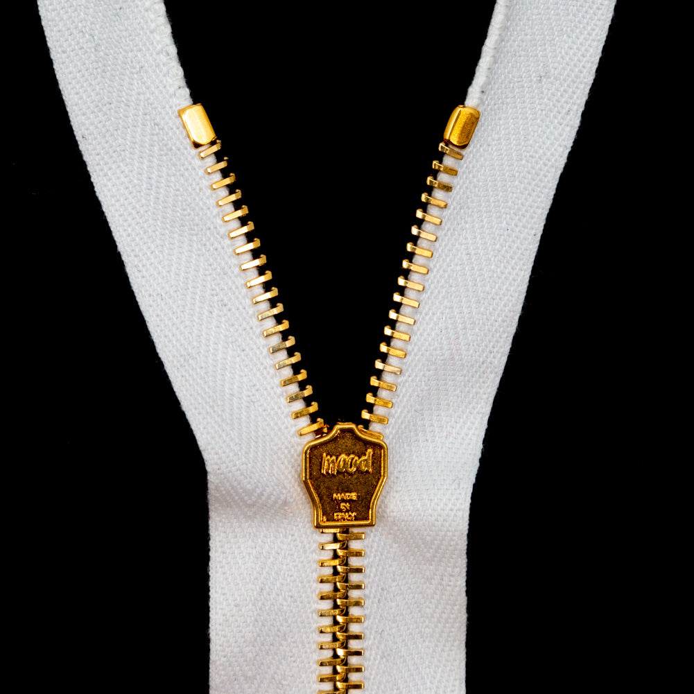 Mood Exclusive Italian White and Gold T5 Closed End Metal Zipper - 9" Detail Mood Exclusive Italian White and Gold T5 Closed End Metal Zipper - 9" Detail