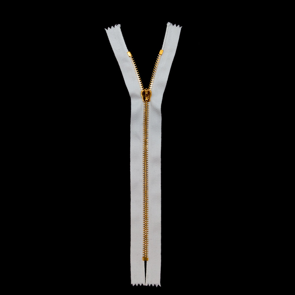 Mood Exclusive Italian White and Gold T5 Closed End Metal Zipper - 9" Full Mood Exclusive Italian White and Gold T5 Closed End Metal Zipper - 9" Full