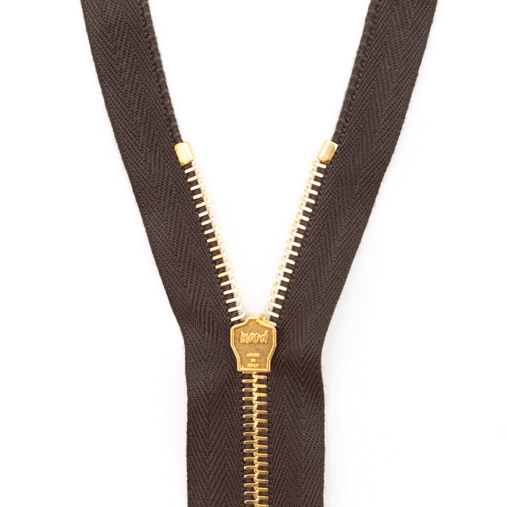 Mood Exclusive Italian Brown and Gold T5 Open End Metal Zipper - 27.5" Detail Mood Exclusive Italian Brown and Gold T5 Open End Metal Zipper - 27.5" Detail