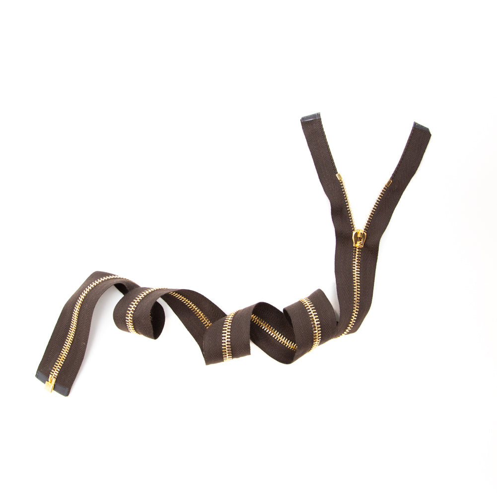 Mood Exclusive Italian Brown and Gold T5 Open End Metal Zipper - 27.5" Full Mood Exclusive Italian Brown and Gold T5 Open End Metal Zipper - 27.5" Full