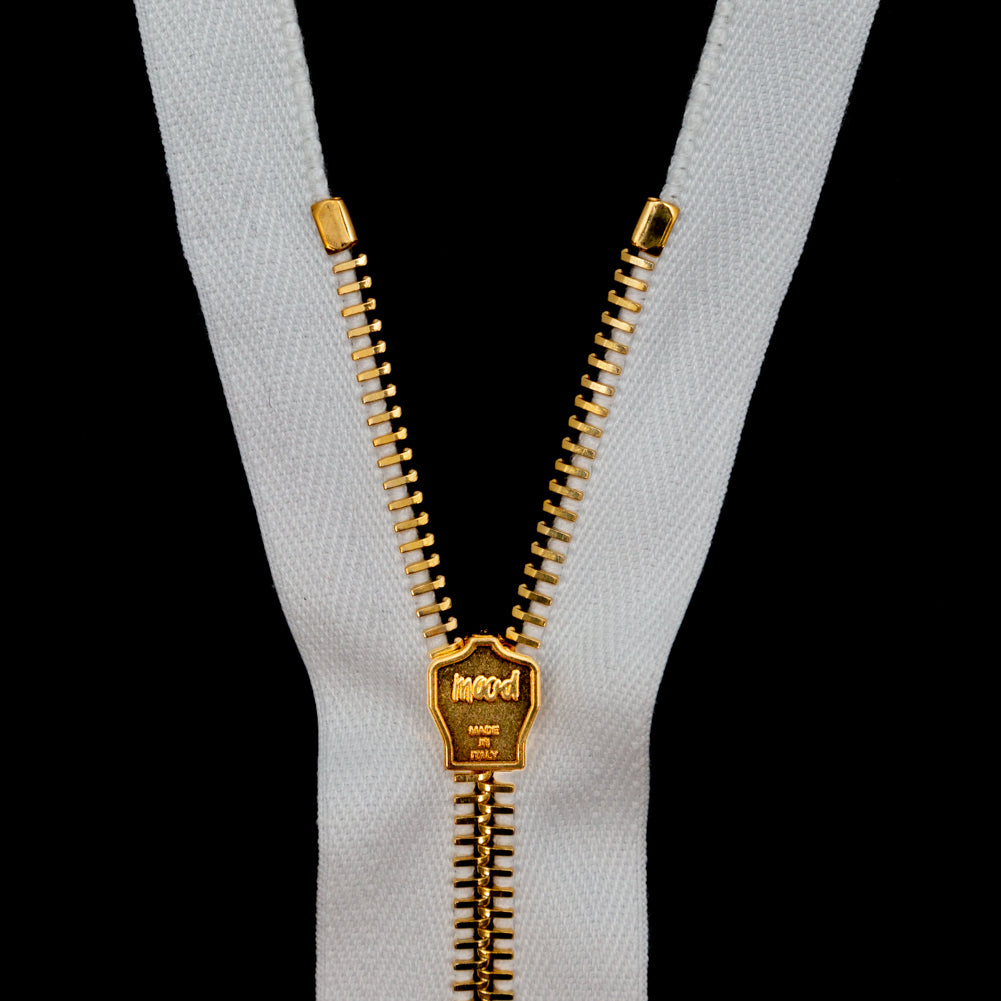 Mood Exclusive Italian Off-White and Gold T5 Open End Metal Zipper - 27.5" Detail Mood Exclusive Italian Off-White and Gold T5 Open End Metal Zipper - 27.5" Detail