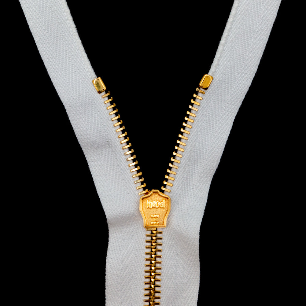 Mood Exclusive Italian White and Gold T5 Open End Metal Zipper - 27.5" Detail Mood Exclusive Italian White and Gold T5 Open End Metal Zipper - 27.5" Detail