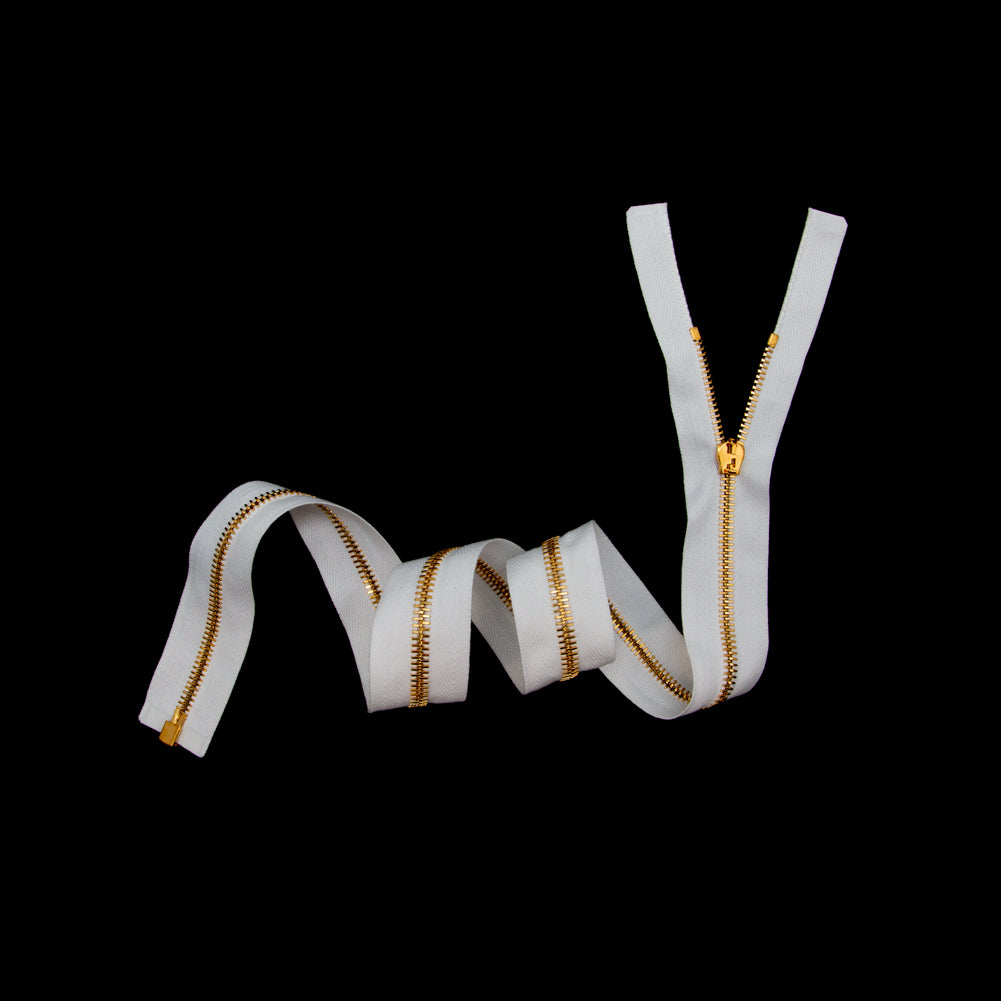 Mood Exclusive Italian White and Gold T5 Open End Metal Zipper - 27.5" Full Mood Exclusive Italian White and Gold T5 Open End Metal Zipper - 27.5" Full