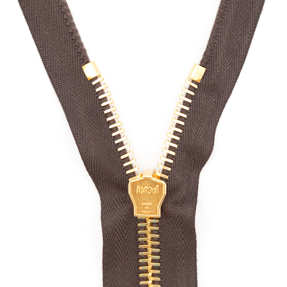 Mood Exclusive Italian Brown and Gold T8 Closed End Metal Zipper - 9" Detail Mood Exclusive Italian Brown and Gold T8 Closed End Metal Zipper - 9" Detail