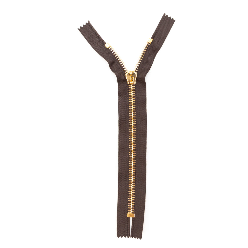 Mood Exclusive Italian Brown and Gold T8 Closed End Metal Zipper - 9" Full Mood Exclusive Italian Brown and Gold T8 Closed End Metal Zipper - 9" Full