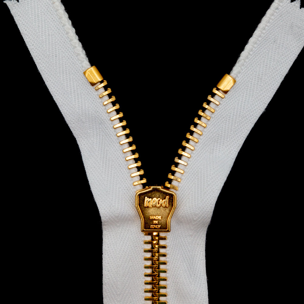 Mood Exclusive Italian Off-White and Gold T8 Closed End Metal Zipper - 9" Detail Mood Exclusive Italian Off-White and Gold T8 Closed End Metal Zipper - 9" Detail