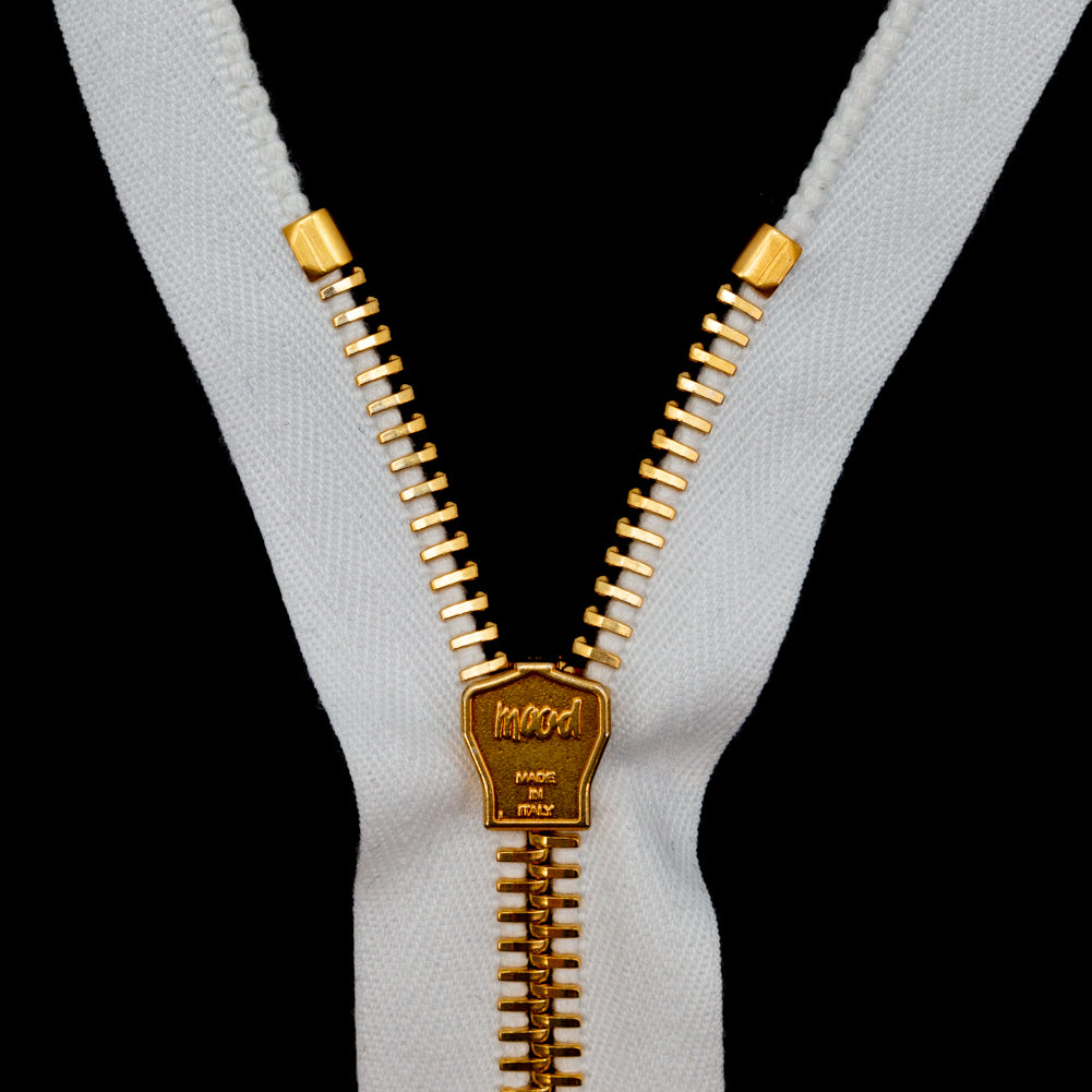 Mood Exclusive Italian White and Gold T8 Closed End Metal Zipper - 9" Detail Mood Exclusive Italian White and Gold T8 Closed End Metal Zipper - 9" Detail