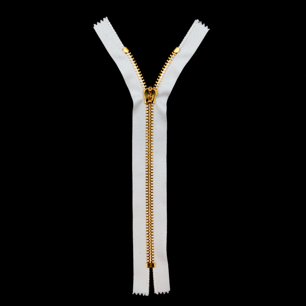 Mood Exclusive Italian White and Gold T8 Closed End Metal Zipper - 9" Full Mood Exclusive Italian White and Gold T8 Closed End Metal Zipper - 9" Full