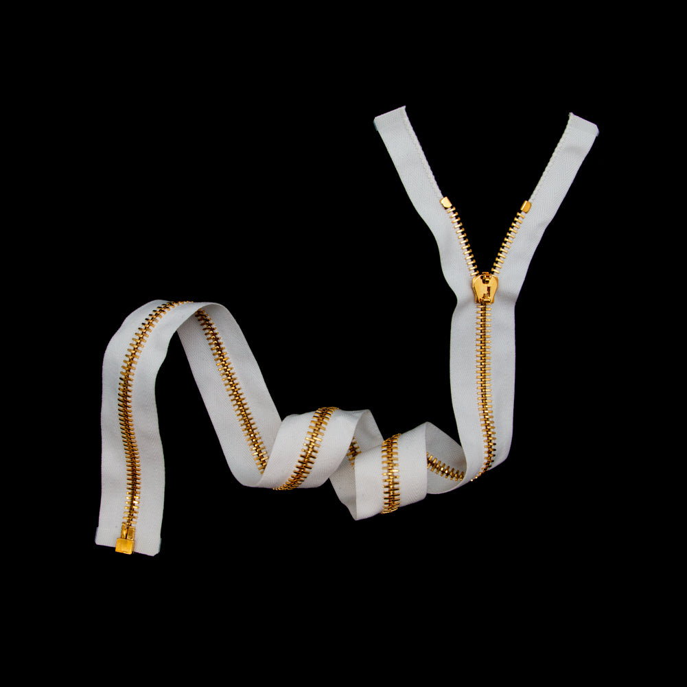 Mood Exclusive Italian Off-White and Gold T8 Open End Metal Zipper - 27.5" Full Mood Exclusive Italian Off-White and Gold T8 Open End Metal Zipper - 27.5" Full