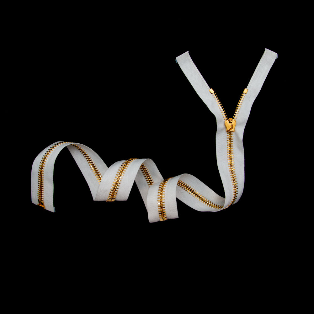 Mood Exclusive Italian White and Gold T8 Open End Metal Zipper - 27.5" Full Mood Exclusive Italian White and Gold T8 Open End Metal Zipper - 27.5" Full