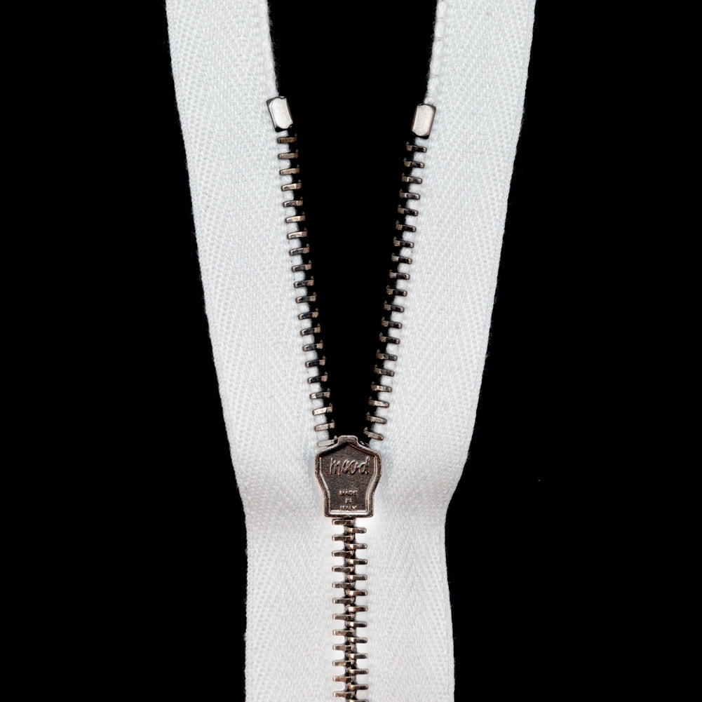 Mood Exclusive Italian White and Gunmetal T3 Closed End Metal Zipper - 9" Detail Mood Exclusive Italian White and Gunmetal T3 Closed End Metal Zipper - 9" Detail
