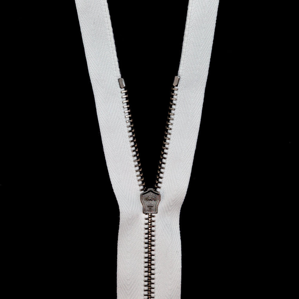 Mood Exclusive Italian White and Gunmetal T3 Open End Metal Zipper - 27.5" Detail Mood Exclusive Italian White and Gunmetal T3 Open End Metal Zipper - 27.5" Detail