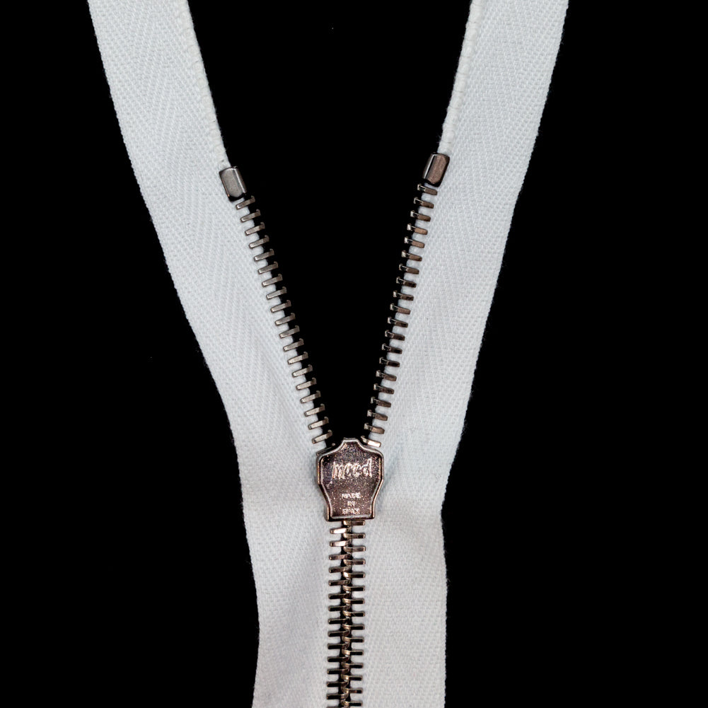 Mood Exclusive Italian White and Gunmetal T5 Open End Metal Zipper - 27.5" Detail Mood Exclusive Italian White and Gunmetal T5 Open End Metal Zipper - 27.5" Detail