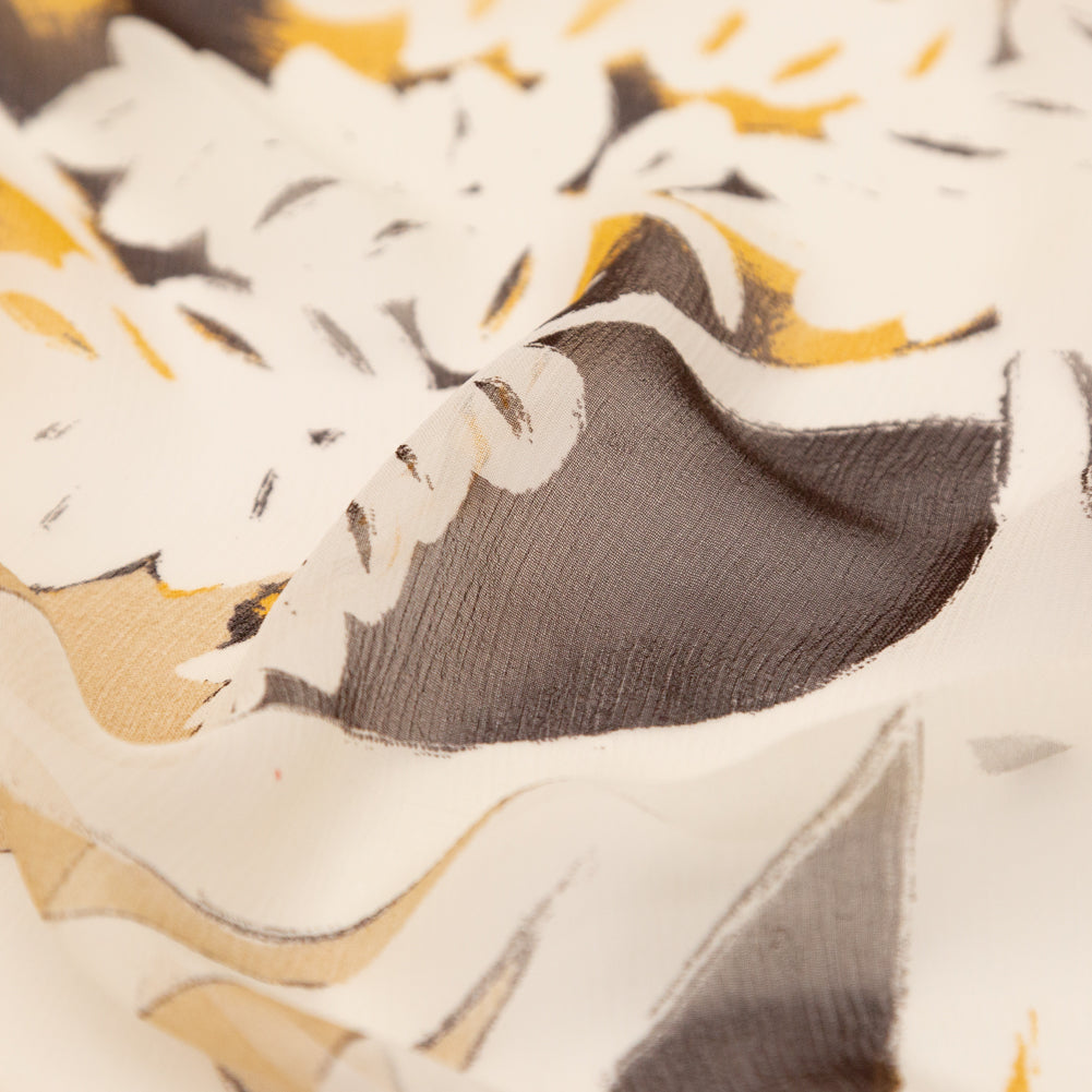 Karen Kane Honey Mustard and Wren Painterly Floral Crinkled Silk Chiffon Detail