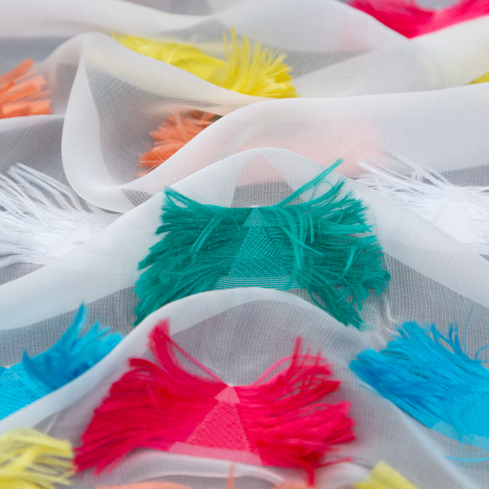 White Silk Chiffon with Multicolor Woven Fringe Triangles Detail White Silk Chiffon with Multicolor Woven Fringe Triangles Detail
