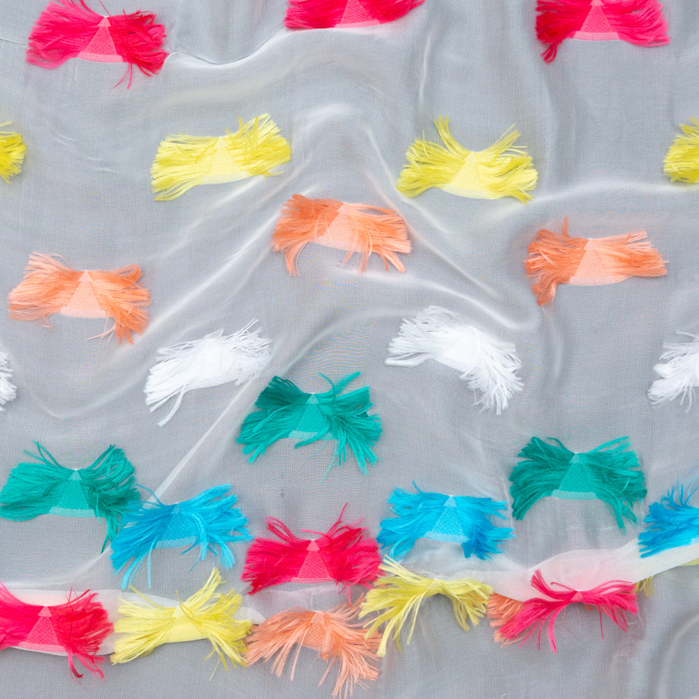 White Silk Chiffon with Multicolor Woven Fringe Triangles White Silk Chiffon with Multicolor Woven Fringe Triangles
