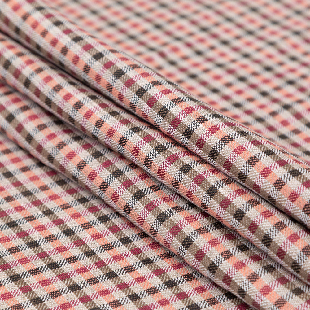 Brown, Coral and Magenta Tattersall Checkered Linen Dobby Folded Brown, Coral and Magenta Tattersall Checkered Linen Dobby Folded