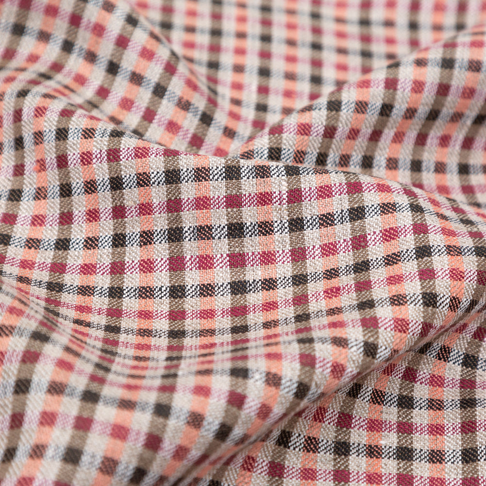 Brown, Coral and Magenta Tattersall Checkered Linen Dobby Detail Brown, Coral and Magenta Tattersall Checkered Linen Dobby Detail
