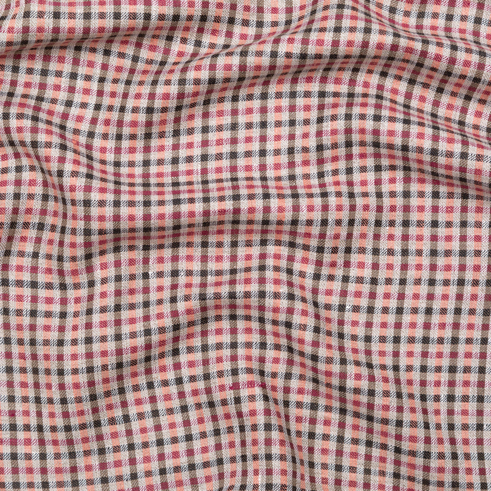 Brown, Coral and Magenta Tattersall Checkered Linen Dobby Brown, Coral and Magenta Tattersall Checkered Linen Dobby