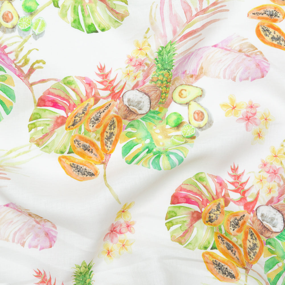Avocado, Pineapples, Papaya and Coconuts Printed Ivory Linen Woven Avocado, Pineapples, Papaya and Coconuts Printed Ivory Linen Woven