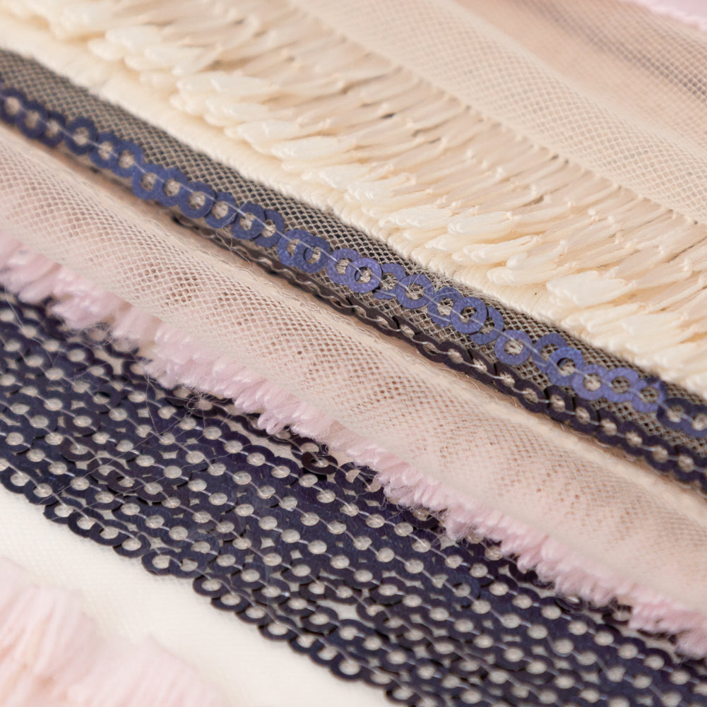 Italian Novelty Pale Beige and Pink Sequins and Fringe Striped Tulle Folded Italian Novelty Pale Beige and Pink Sequins and Fringe Striped Tulle Folded