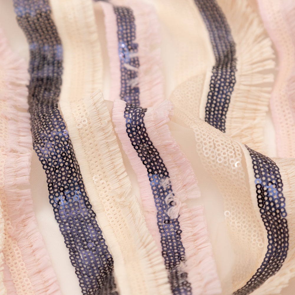 Italian Novelty Pale Beige and Pink Sequins and Fringe Striped Tulle Detail Italian Novelty Pale Beige and Pink Sequins and Fringe Striped Tulle Detail