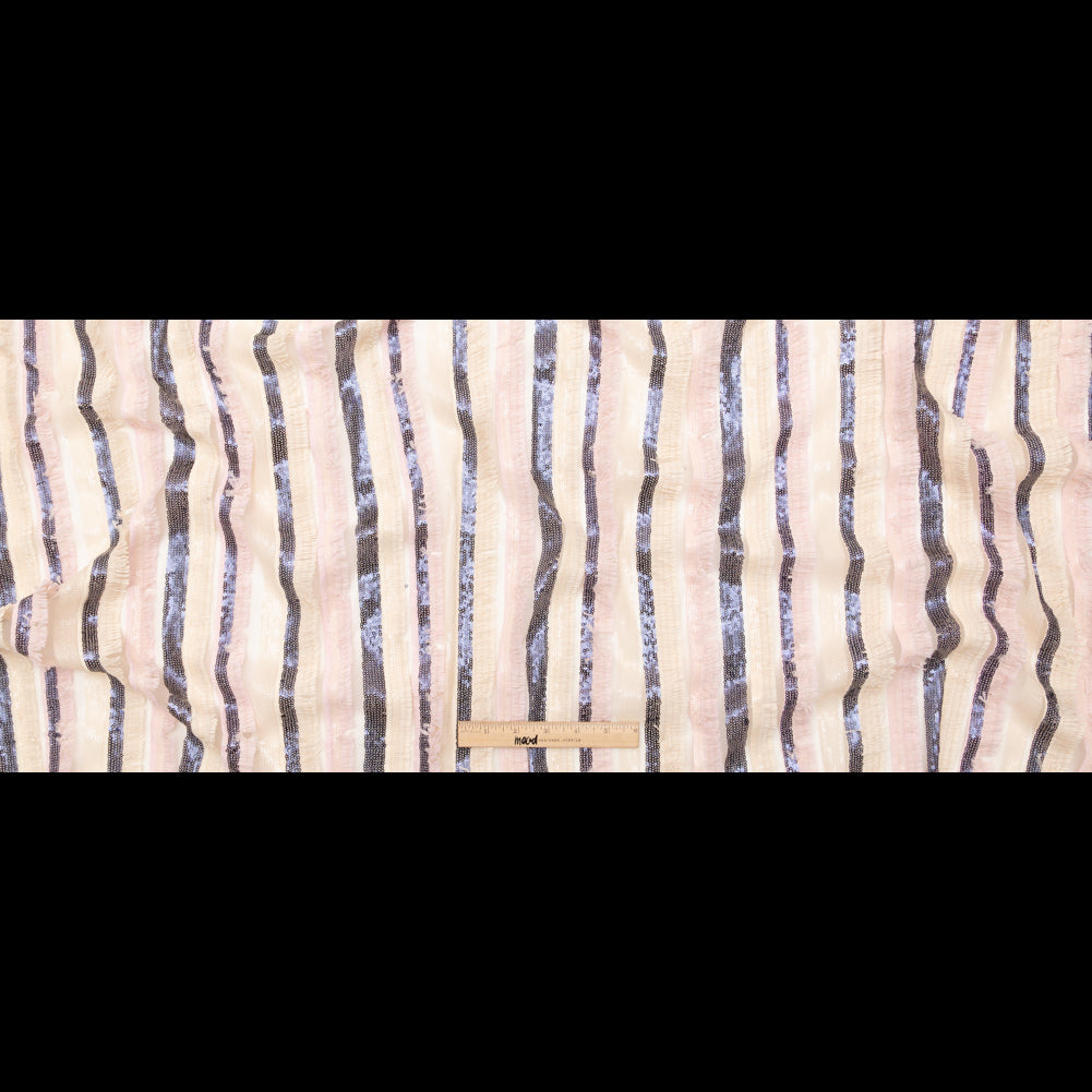 Italian Novelty Pale Beige and Pink Sequins and Fringe Striped Tulle Full Italian Novelty Pale Beige and Pink Sequins and Fringe Striped Tulle Full