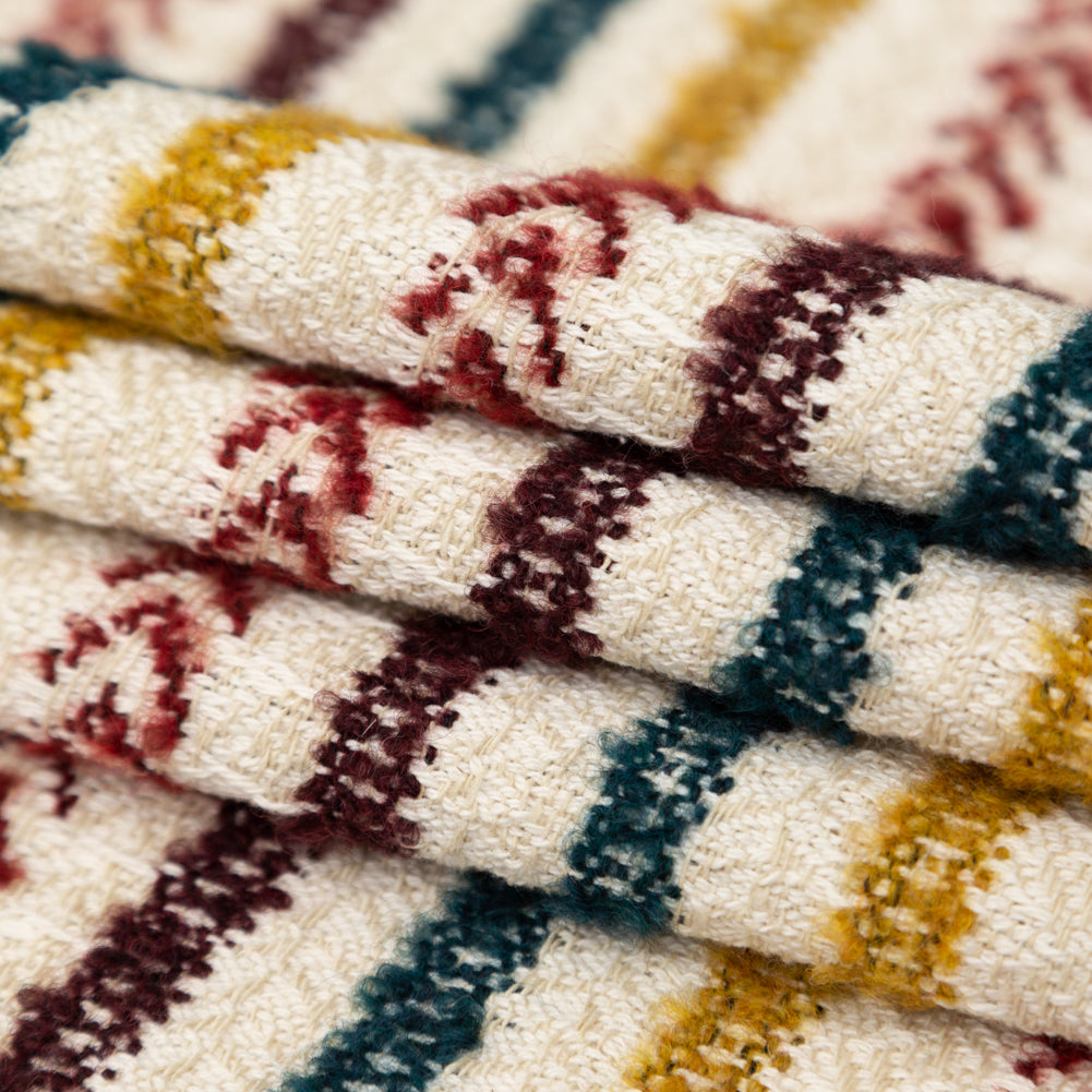 Italian Ivory, Maroon, Cumin and Teal Striped Blended Tweed Folded Italian Ivory, Maroon, Cumin and Teal Striped Blended Tweed Folded
