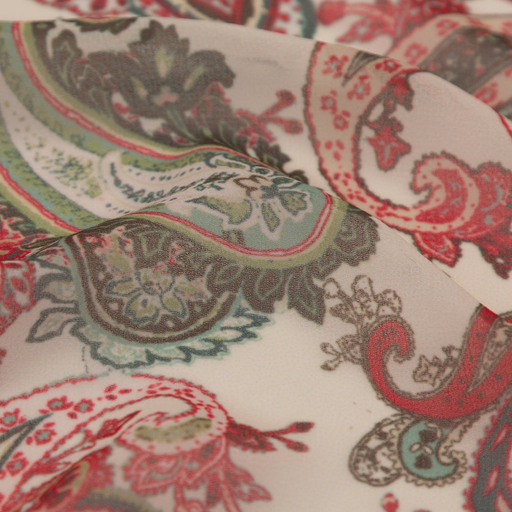 Italian Silver Green, Moon Mist and Vibrant Red Paisley Polyester Georgette Detail Italian Silver Green, Moon Mist and Vibrant Red Paisley Polyester Georgette Detail