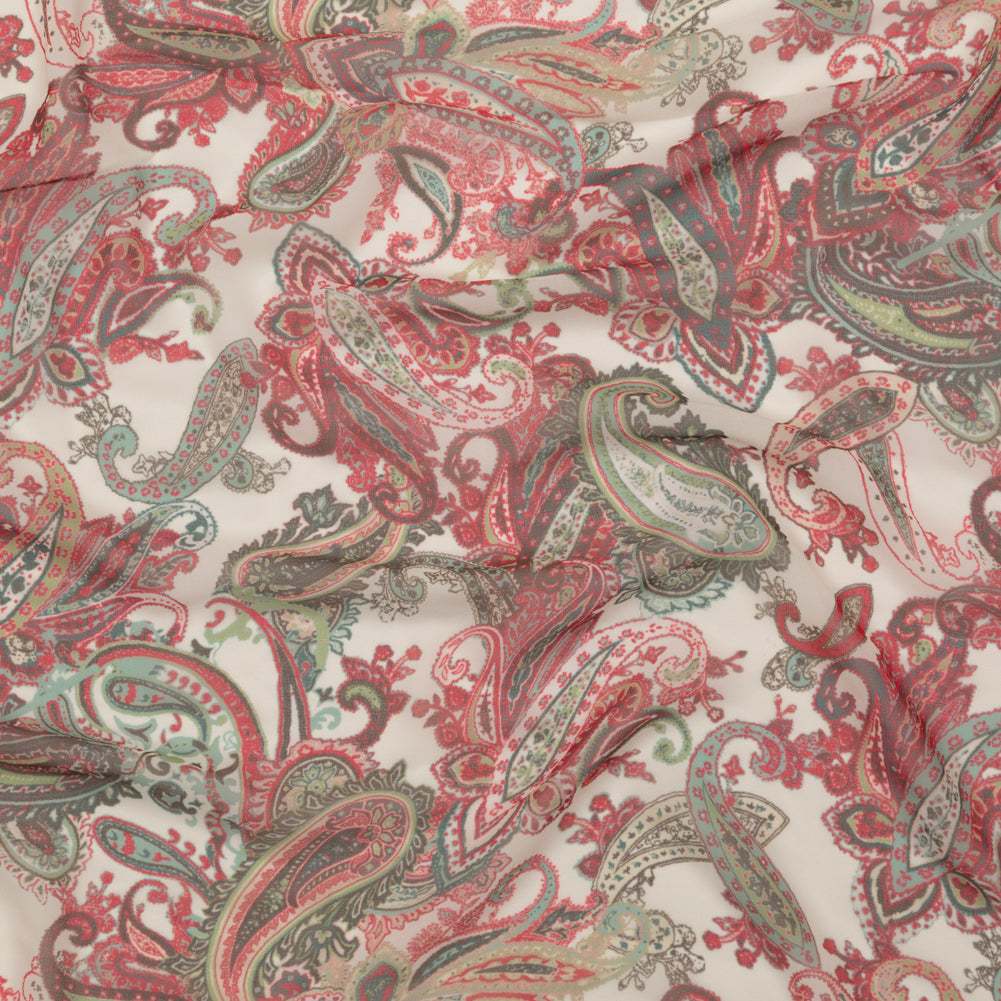 Italian Silver Green, Moon Mist and Vibrant Red Paisley Polyester Georgette Italian Silver Green, Moon Mist and Vibrant Red Paisley Polyester Georgette