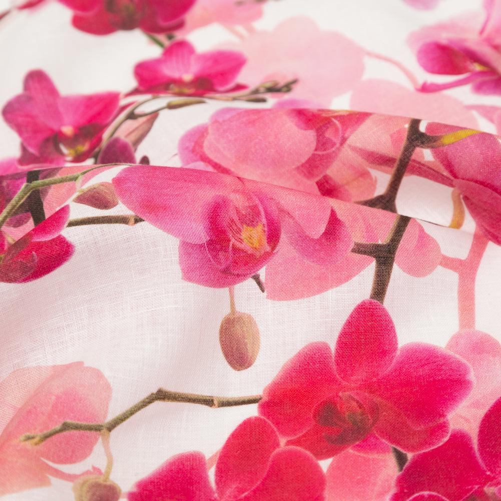Tilted Pink Orchid and White Alyssum Printed Linen Woven Detail Tilted Pink Orchid and White Alyssum Printed Linen Woven Detail
