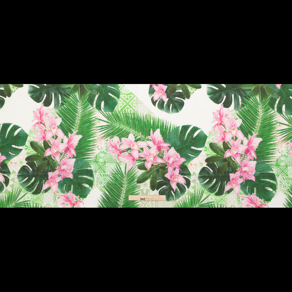 Pesto Palms and Pink Lilies Printed Linen Woven Full Pesto Palms and Pink Lilies Printed Linen Woven Full
