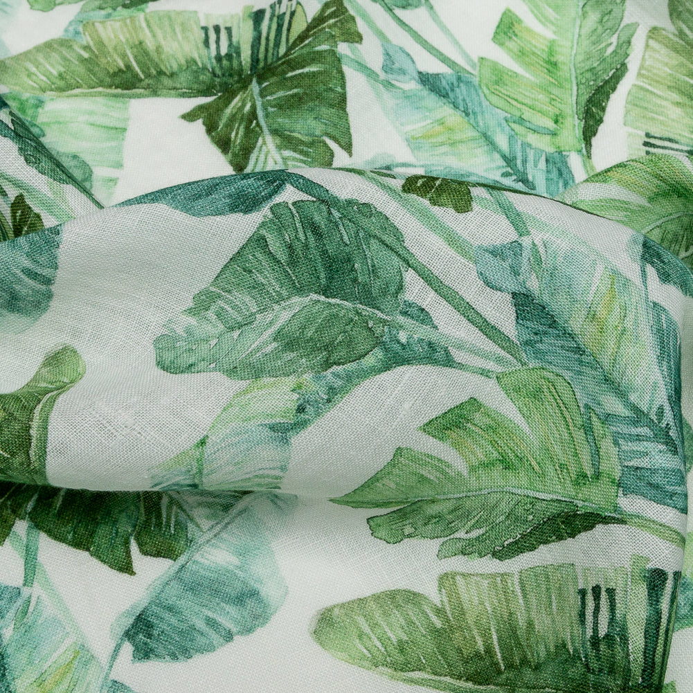 Green Banana and Palm Leaves Printed Ivory Linen Woven Detail Green Banana and Palm Leaves Printed Ivory Linen Woven Detail