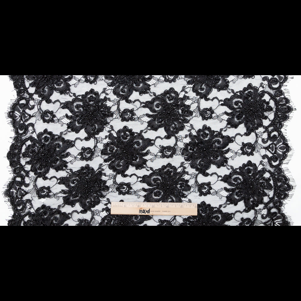 Black Narrow Beaded Floral Corded 3D Lace with Scalloped Eyelash Edges Full Black Narrow Beaded Floral Corded 3D Lace with Scalloped Eyelash Edges Full