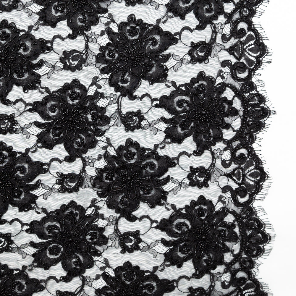 Black Narrow Beaded Floral Corded 3D Lace with Scalloped Eyelash Edges Black Narrow Beaded Floral Corded 3D Lace with Scalloped Eyelash Edges