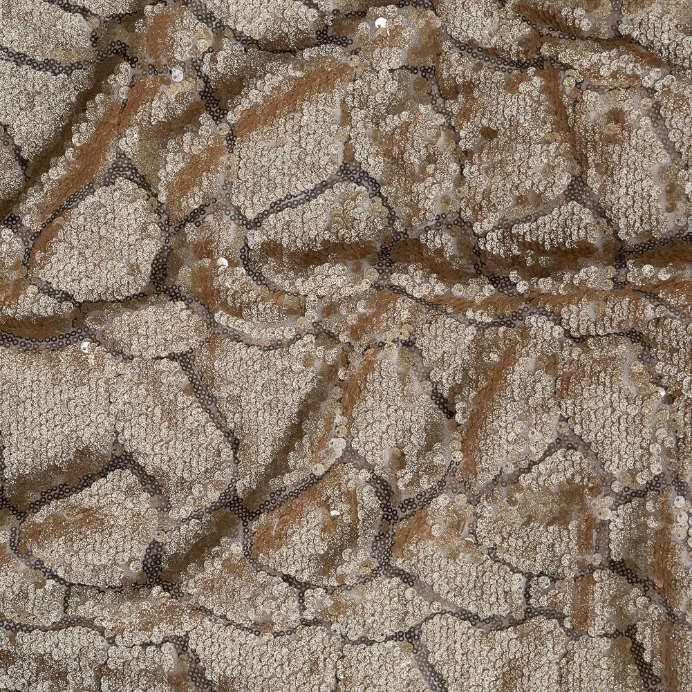 Mesh with Sequins - Metallic Gold Cracking Spots on Pale Beige Mesh with Sequins - Metallic Gold Cracking Spots on Pale Beige