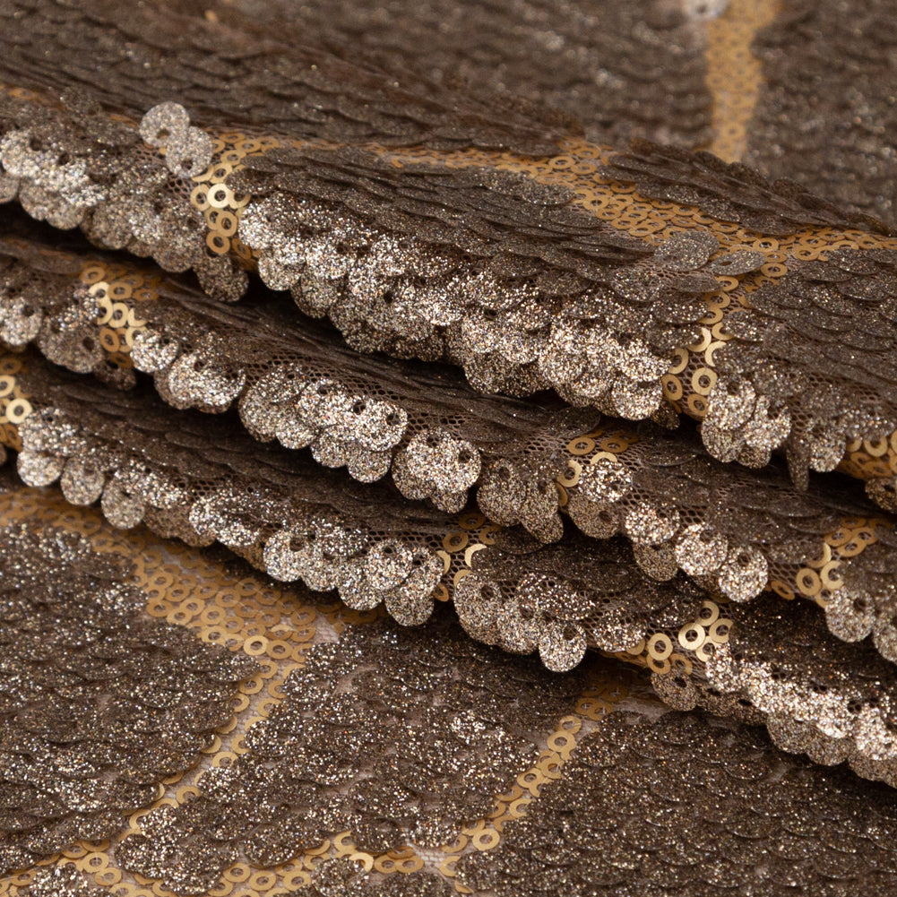 Mesh with Sequins - Metallic Bronze Cracking Spots on Dark Beige Folded Mesh with Sequins - Metallic Bronze Cracking Spots on Dark Beige Folded
