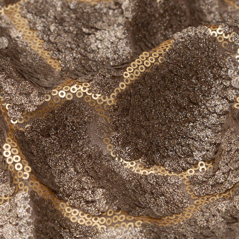 Mesh with Sequins - Metallic Bronze Cracking Spots on Dark Beige Detail Mesh with Sequins - Metallic Bronze Cracking Spots on Dark Beige Detail
