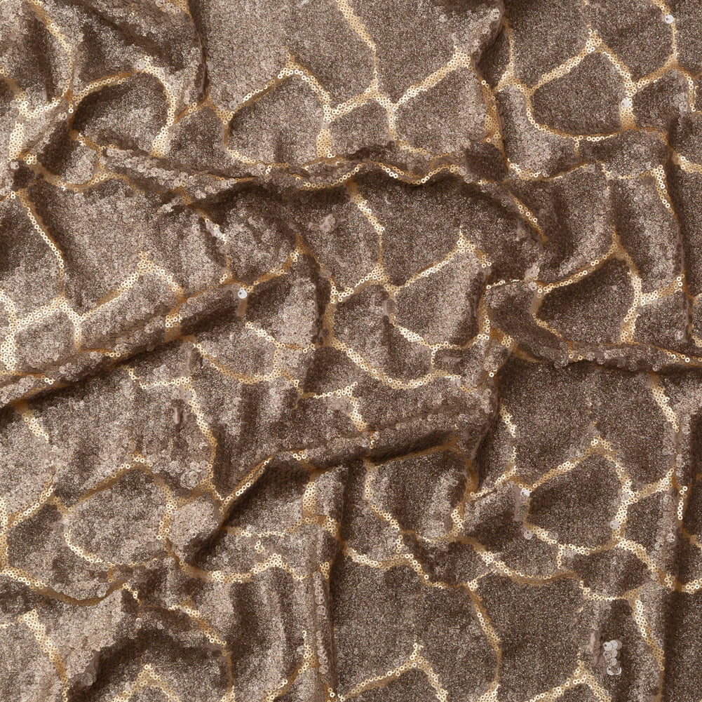 Mesh with Sequins - Metallic Bronze Cracking Spots on Dark Beige Mesh with Sequins - Metallic Bronze Cracking Spots on Dark Beige