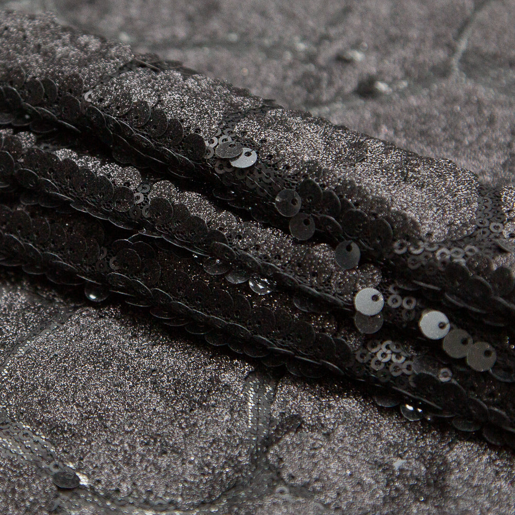Mesh with Sequins - Metallic Black Cracking Spots on Black Folded Mesh with Sequins - Metallic Black Cracking Spots on Black Folded