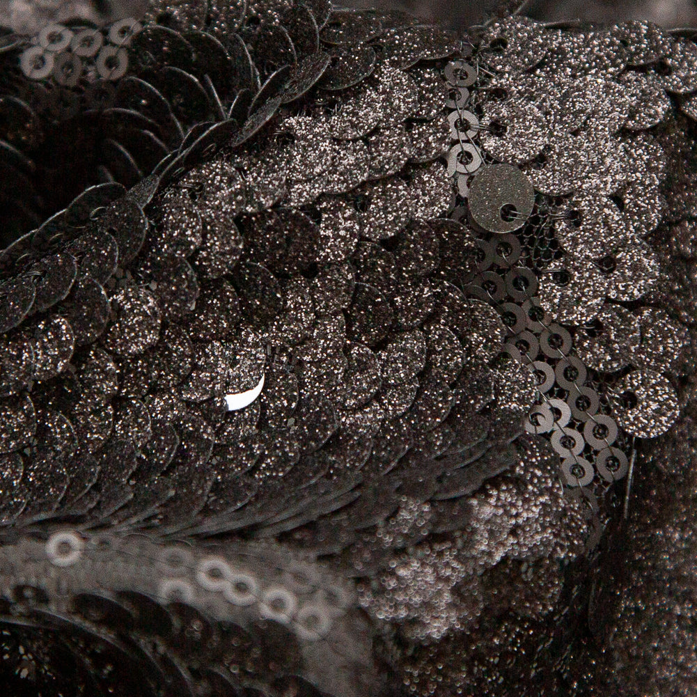 Mesh with Sequins - Metallic Black Cracking Spots on Black Detail Mesh with Sequins - Metallic Black Cracking Spots on Black Detail
